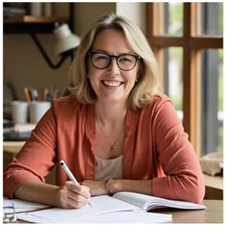 Élise Richard, autrice de la Collection Santé Féminine Anti-Inflammatoire, souriante à son bureau
