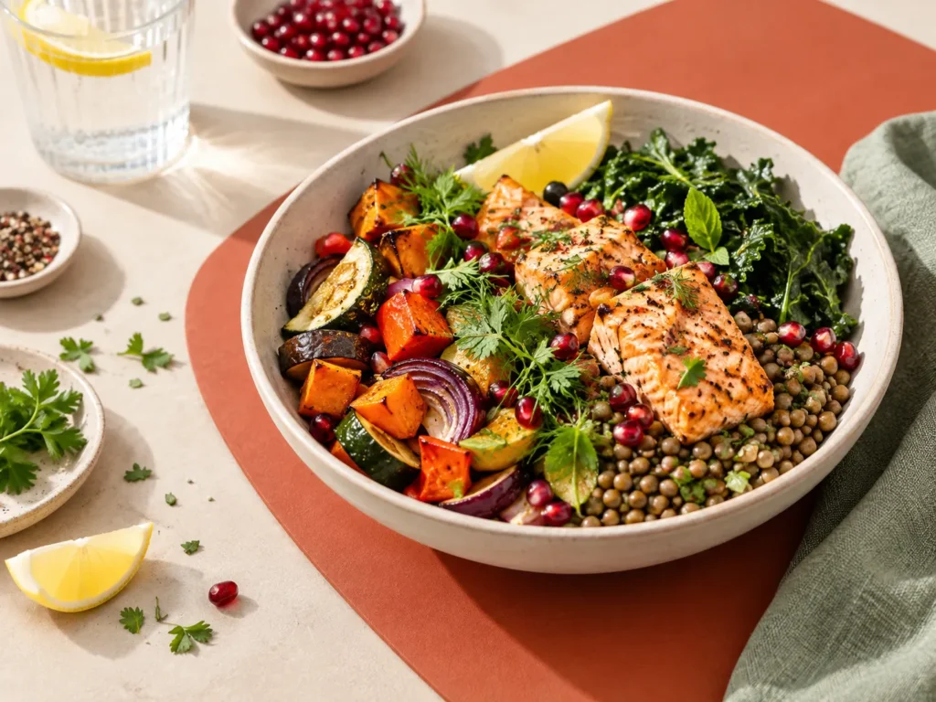 Bol équilibré avec saumon, lentilles et légumes