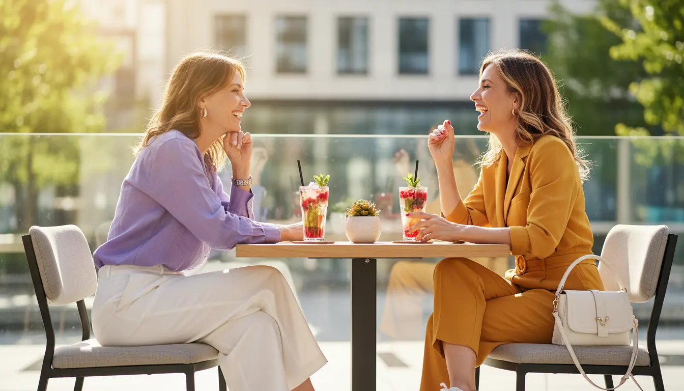 Deux amies d’une cinquantaine d’années qui rient ensemble à une terrasse de café