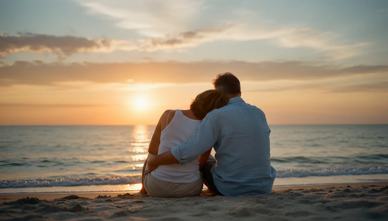 Couple enlacé de dos, assis sur la plage au coucher du soleil