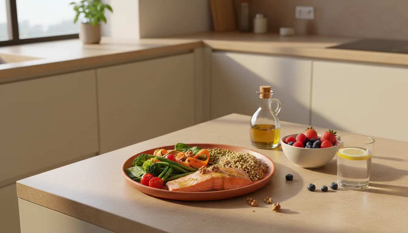 Assiette équilibrée : légumes, saumon, céréales complètes et lentilles, dans une cuisine claire
