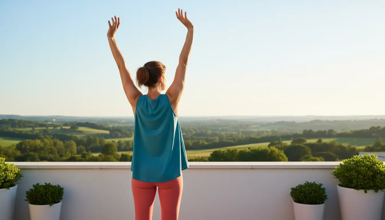 Femme de dos, bras levés sur une terrasse, face à un paysage de collines vertes