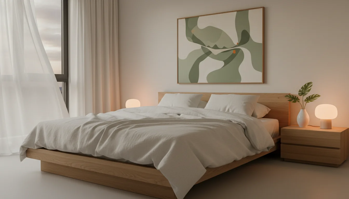 Chambre calme et fraîche, lumière douce du soir