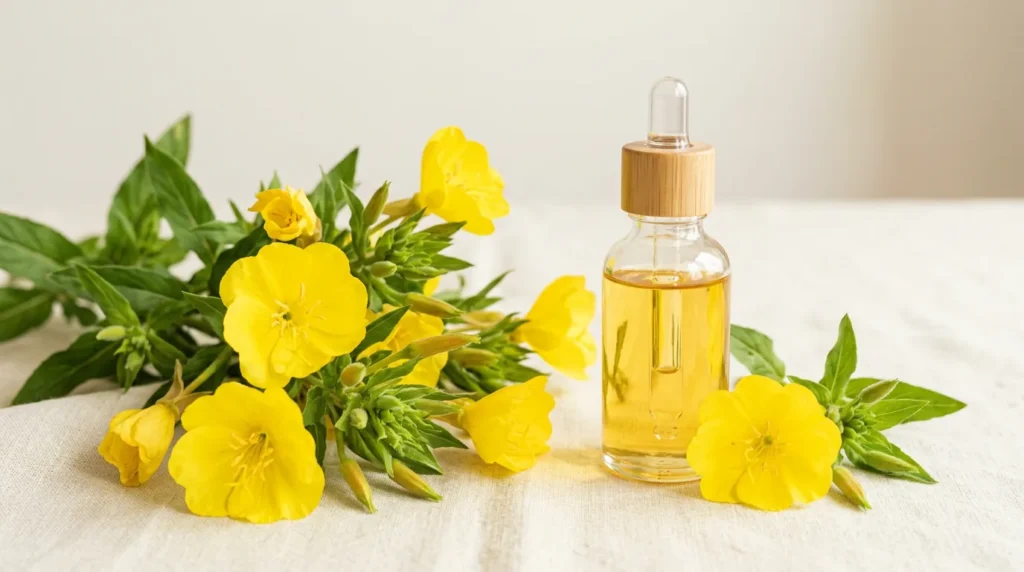 Fleurs jaunes d'onagre et flacon d'huile sans étiquette