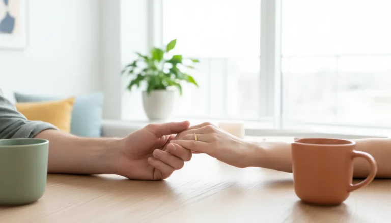 Deux mains qui se tiennent sur une table, pendant une conversation à deux